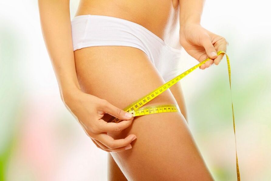 Girl measures her thigh volume